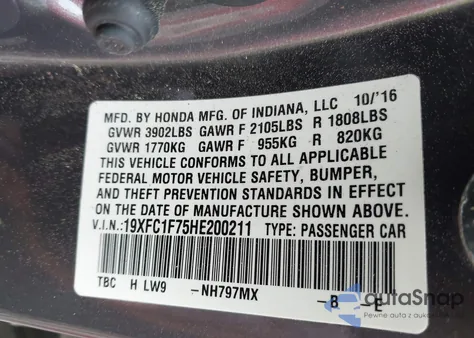 2017 Honda Civic Ex-L из США, поврежденный, VIN 19XFC1F75HE200211